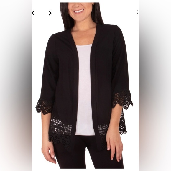NY Collection Black Open Cardigan – 3/4 Sleeve with Crochet Trim, Size 1X - Picture 1 of 8